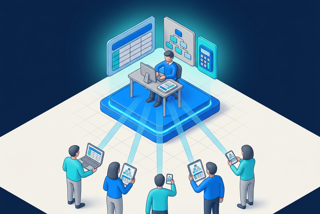 One report builder at a Designer workstation publishing to many readers on laptops, tablets and phones