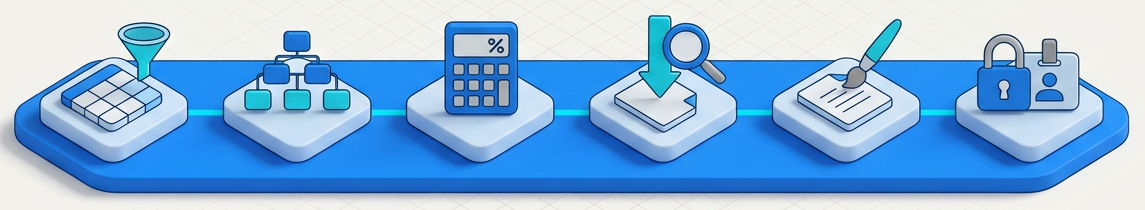 Six Designer capabilities: layout, hierarchies, calculations, drills, presentation, publish and secure