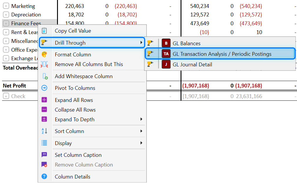 Right-click Drill Through menu on a P&L line, leading to GL Balances, GL Transaction Analysis and GL Journal Detail