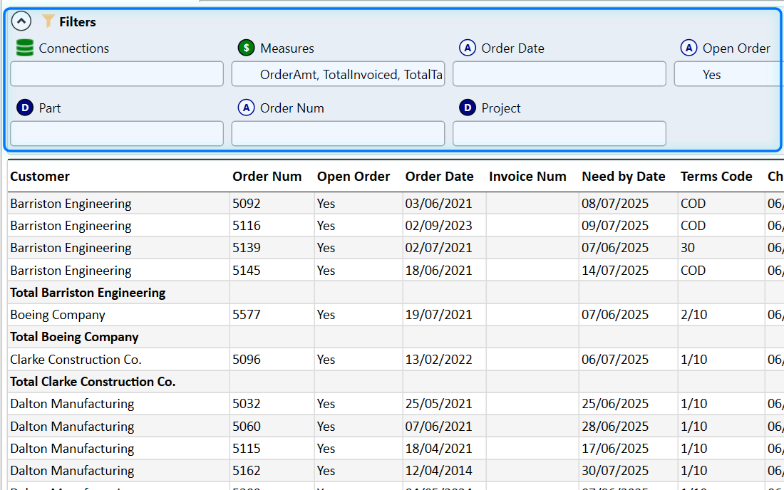 Designer report grid with the filter bar highlighted — connections, measures, dates, company and customer filters above the rows