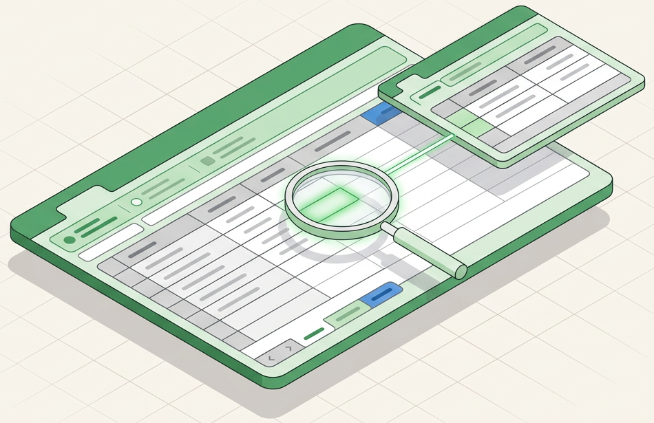 A magnifier on one Excel cell drilling out to a separate workbook of journal lines, leaving the original sheet intact