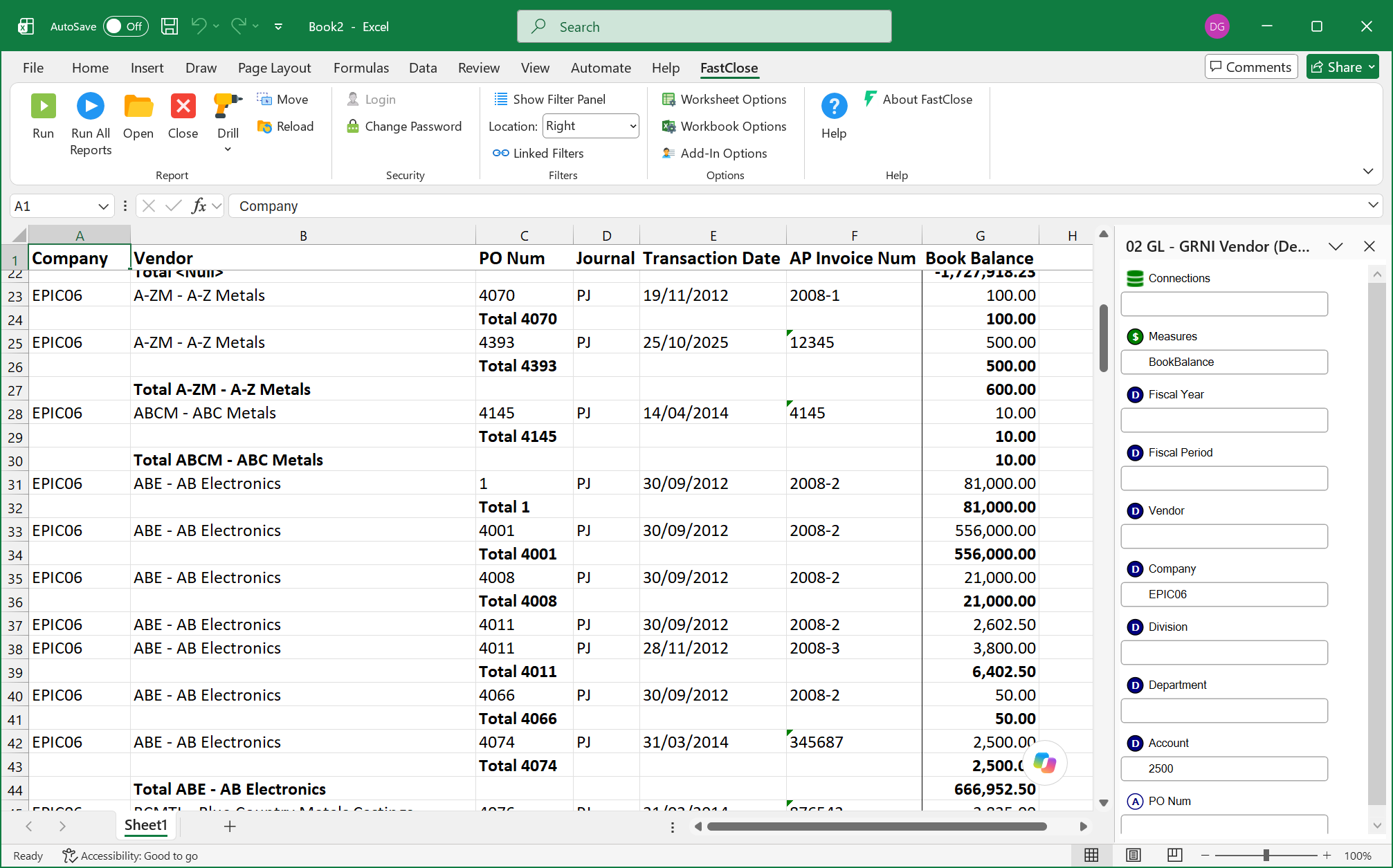 A FastClose report running live in an Excel sheet, with the filter panel alongside