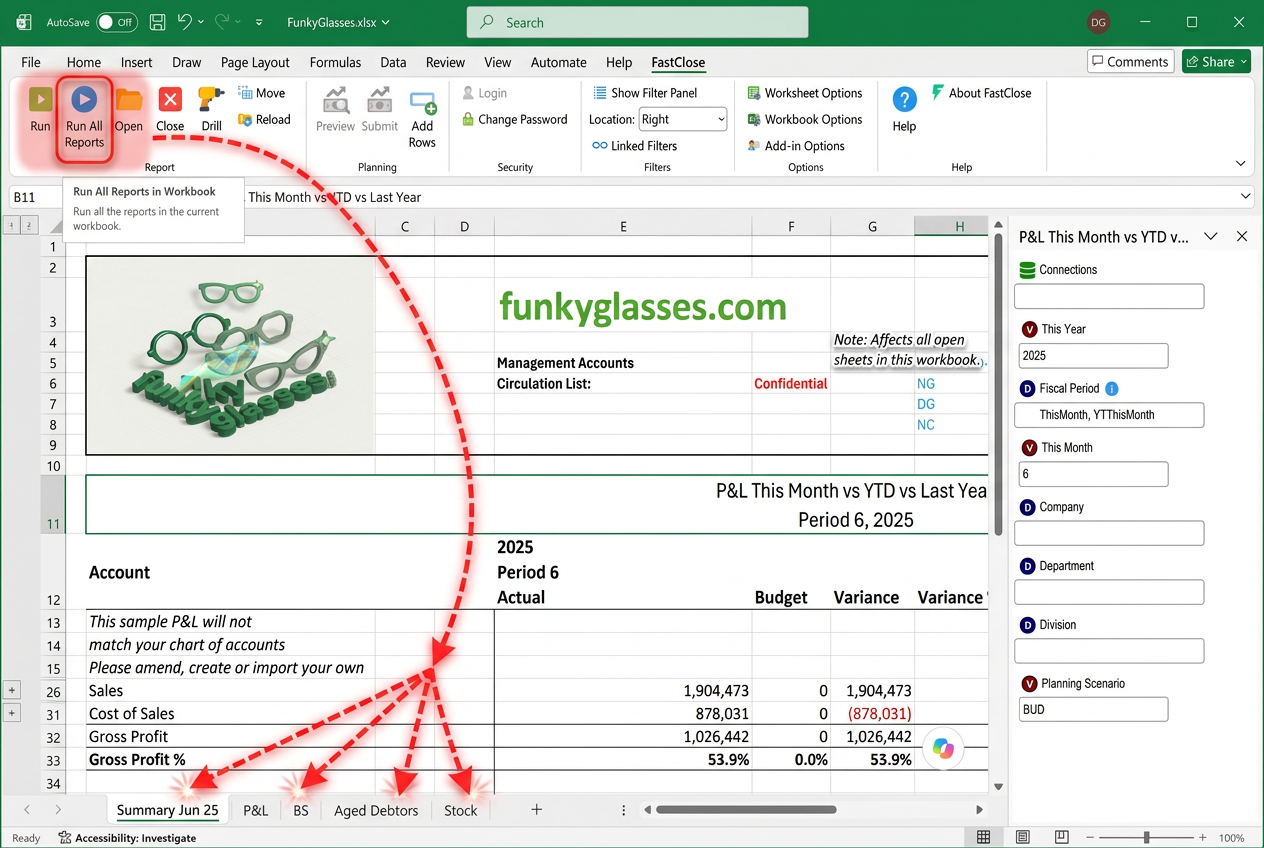 Run All Reports in the FastClose ribbon, with arrows to every sheet tab it refreshes at once