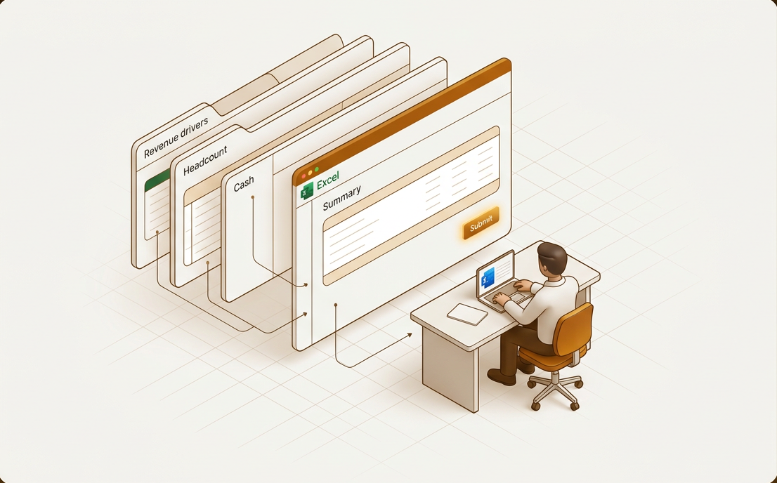 One controller models revenue, headcount and cash driver tabs into a single Excel summary and submits it