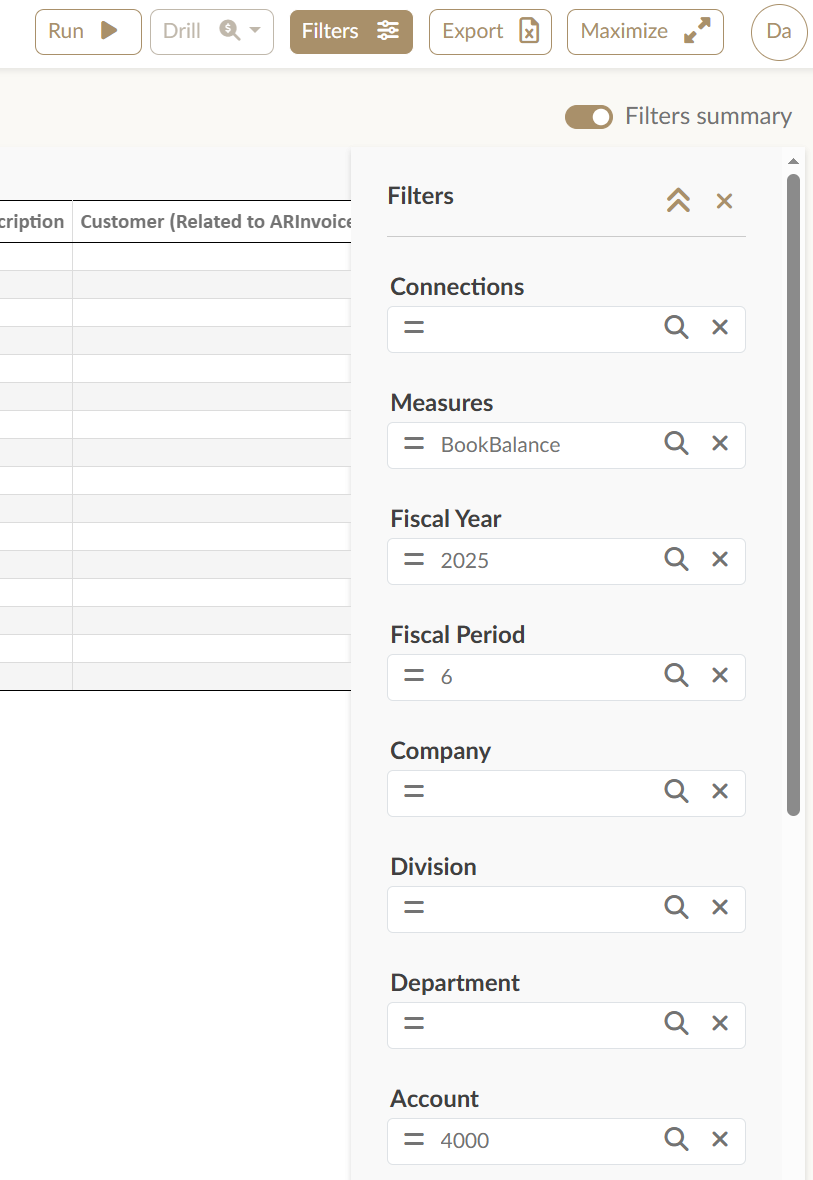 Reader filter selection panel