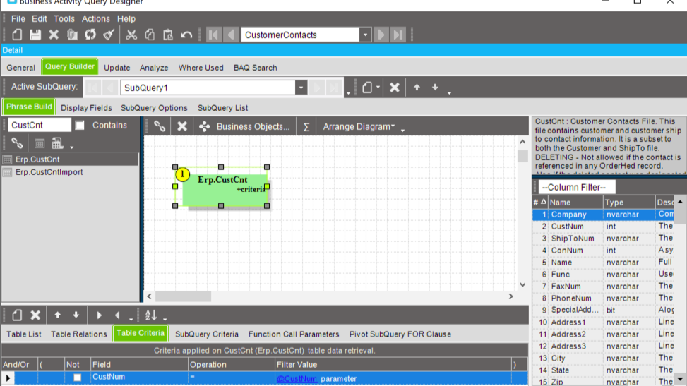 BAQ Designer Query Builder screen